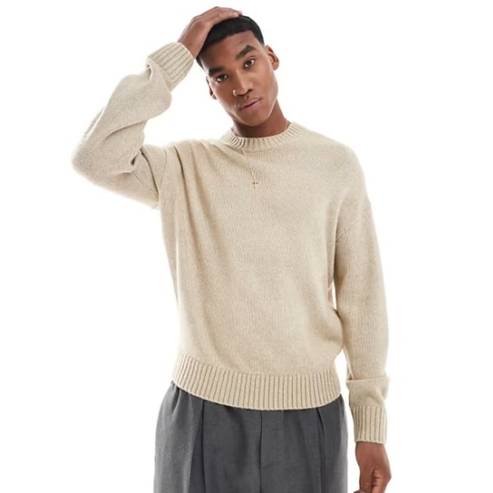 Hollister Boxy Fit Crewneck Sweater Tan Oatmeal Cotton Blend Knit Mens XS